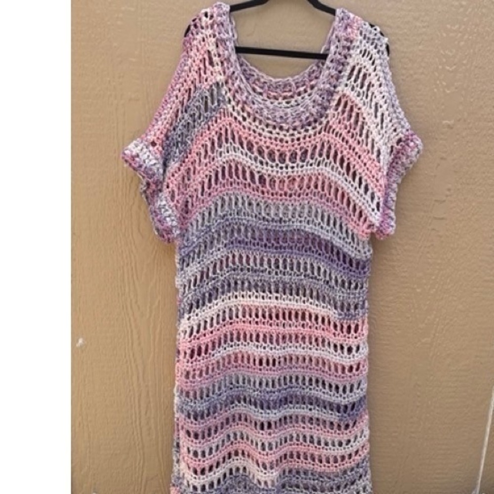 Pastel Open Knit Crochet Swim Cover Up Maxi Dress XL Boho Beach Resortwear